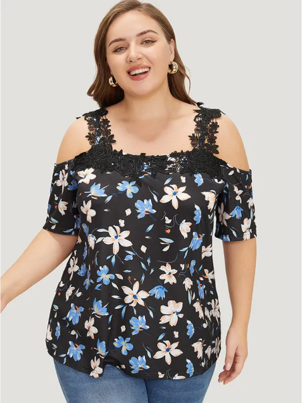 Floral Guipure Lace Cold Shoulder T-shirt sold by Bloomchic