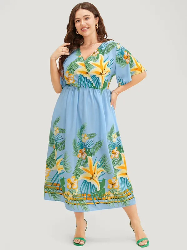 Tropical Print Ruffle Sleeve Wrap Pocket Midi Dress sold by Bloomchic