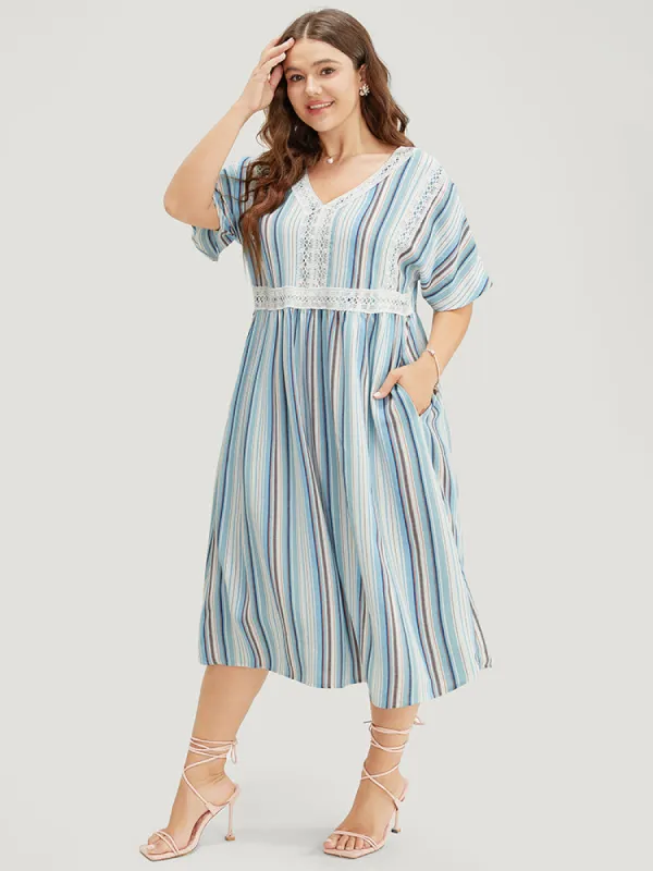 Striped Contrast Pocket Lace Batwing Sleeve Midi Dress sold by Bloomchic
