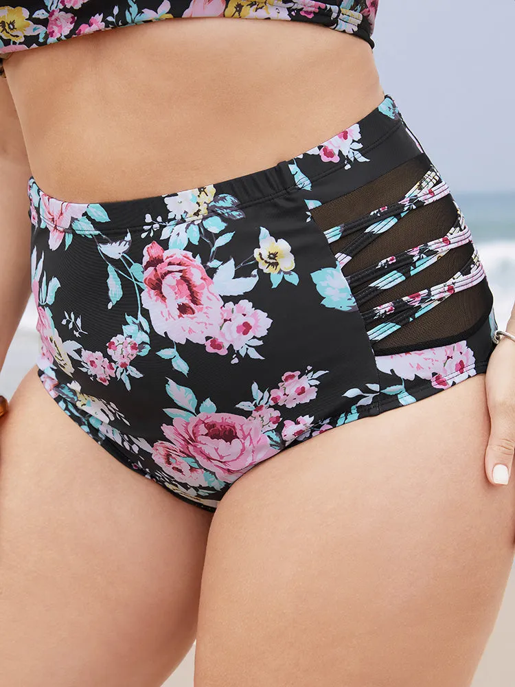 Floral Crisscross Detail Mesh Insert Swim Bottom sold by Bloomchic