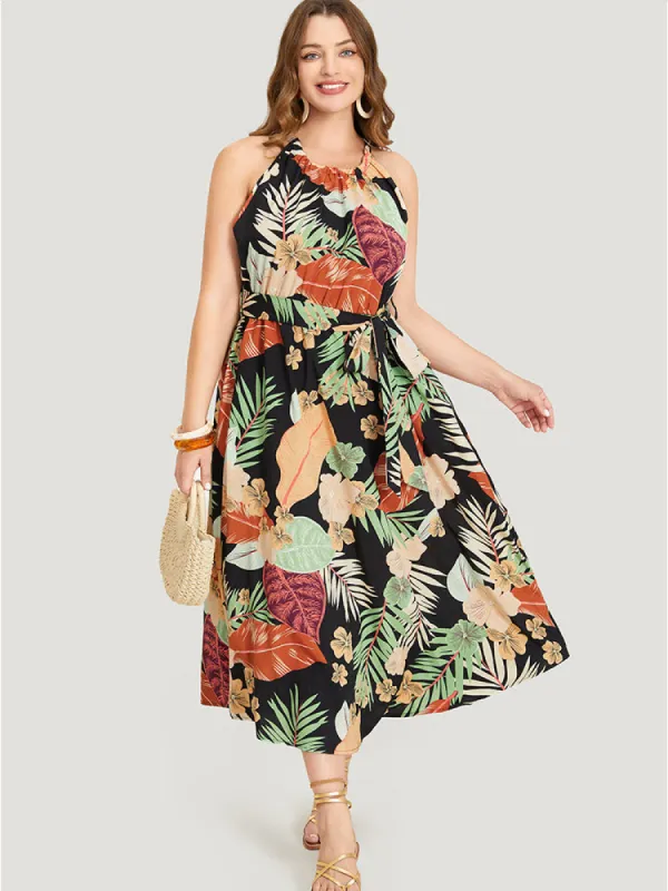 Tropical Print Ruffle Hem Pocket Belt Knotted Halter Dress sold by Bloomchic