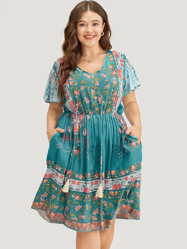 Bandana Print Ruffle Sleeve Pocket Tie Neck Tassels Dress sold by Bloomchic