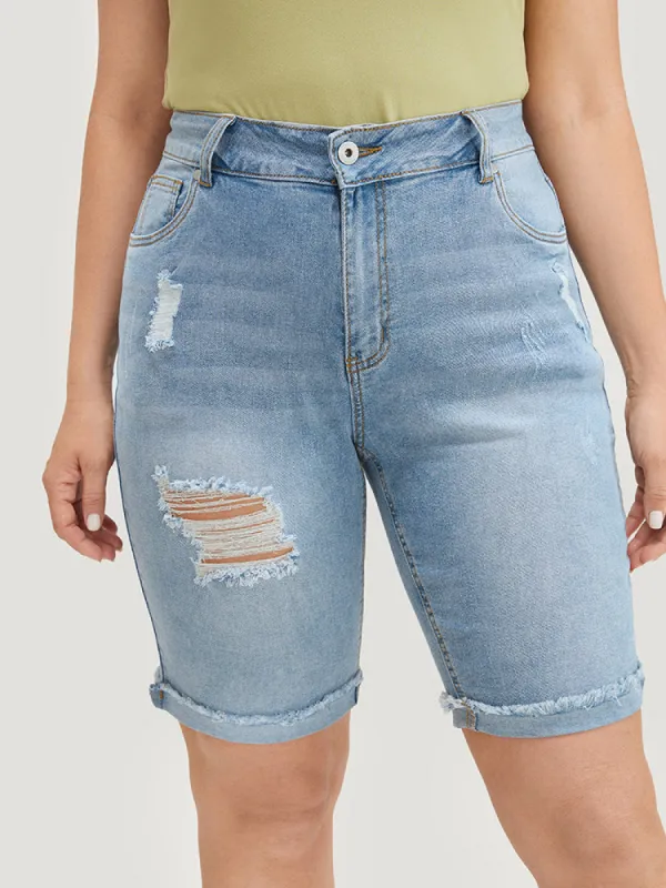 Moderately Stretchy High Rise Light Wash Distressed Denim Shorts sold by Bloomchic