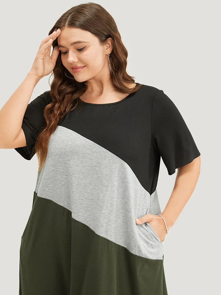 Colorblock Contrast Pocket Round Neck Knee Dress sold by Bloomchic product image thumbnail 5