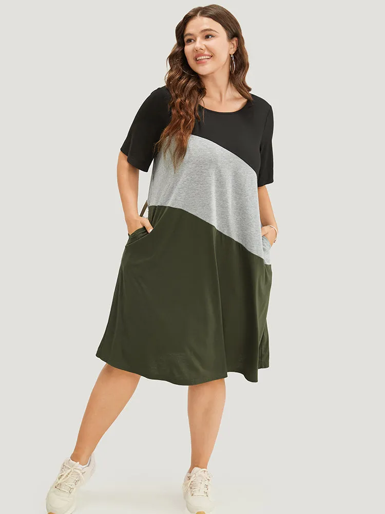 Colorblock Contrast Pocket Round Neck Knee Dress sold by Bloomchic product image thumbnail 2