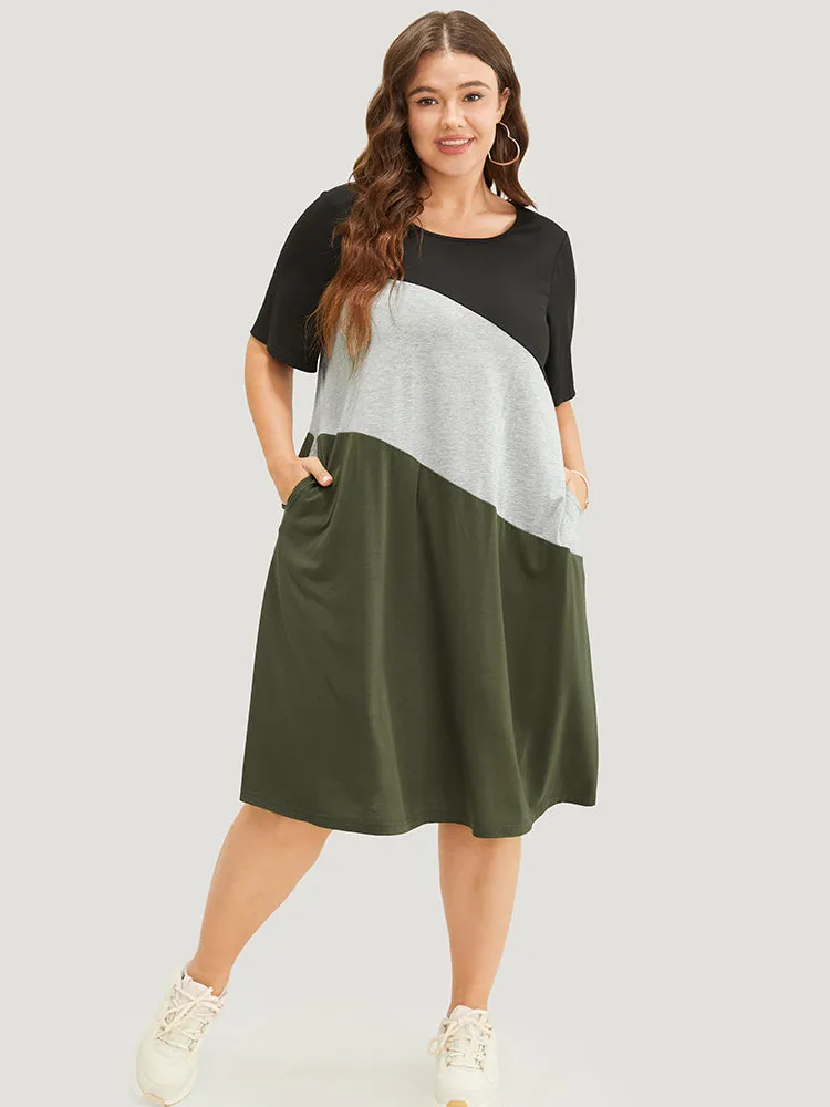 Colorblock Contrast Pocket Round Neck Knee Dress sold by Bloomchic product image thumbnail 3
