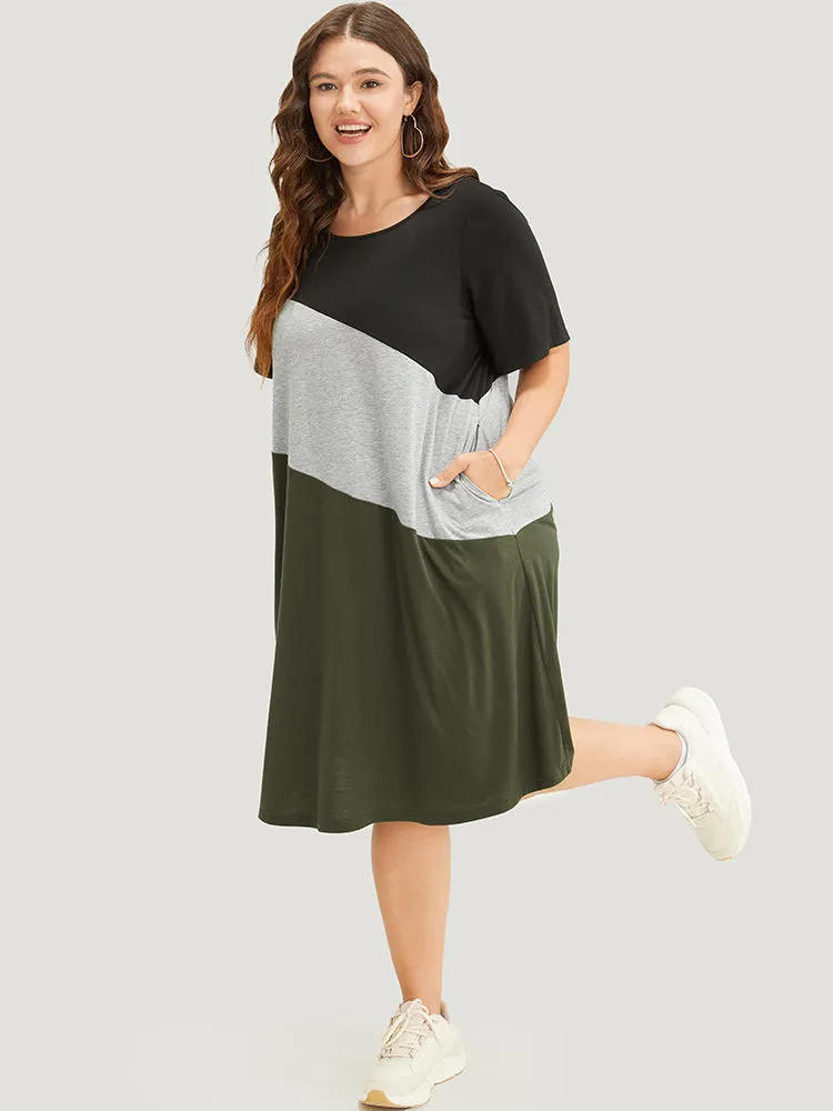 Colorblock Contrast Pocket Round Neck Knee Dress sold by Bloomchic product image thumbnail 4