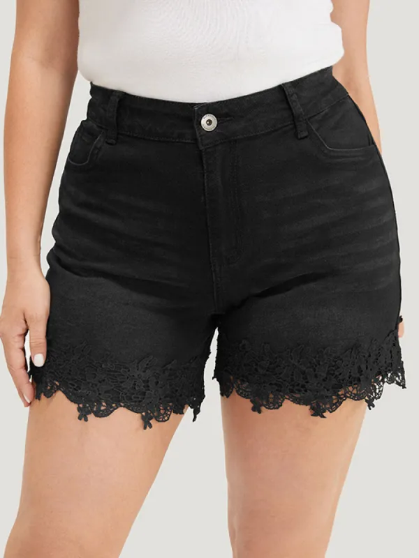 Slightly Stretchy High Rise Black Wash Contrast Lace Denim Shorts sold by Bloomchic