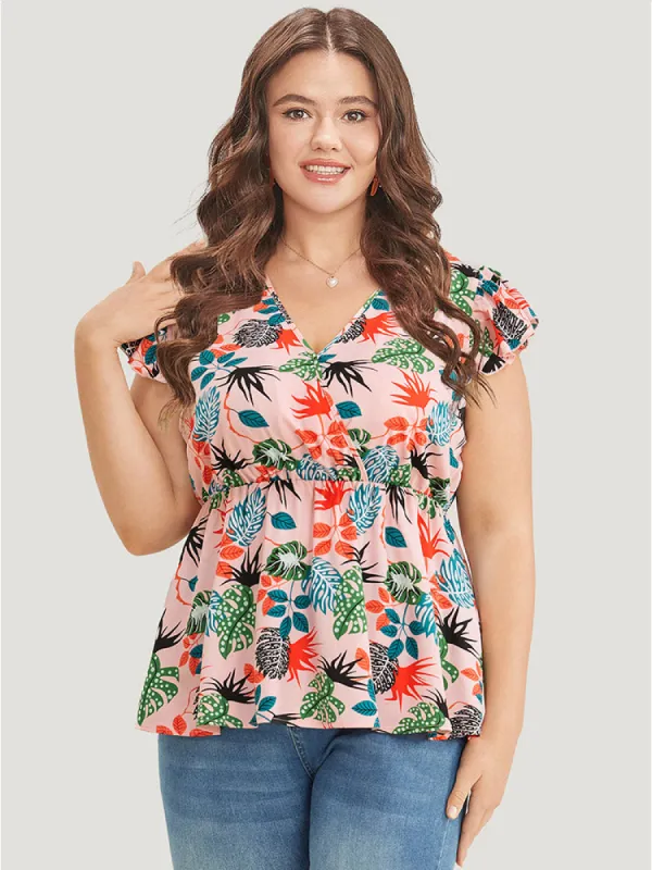 Plant Print Cap Sleeve Ruffle Wrap Blouse sold by Bloomchic