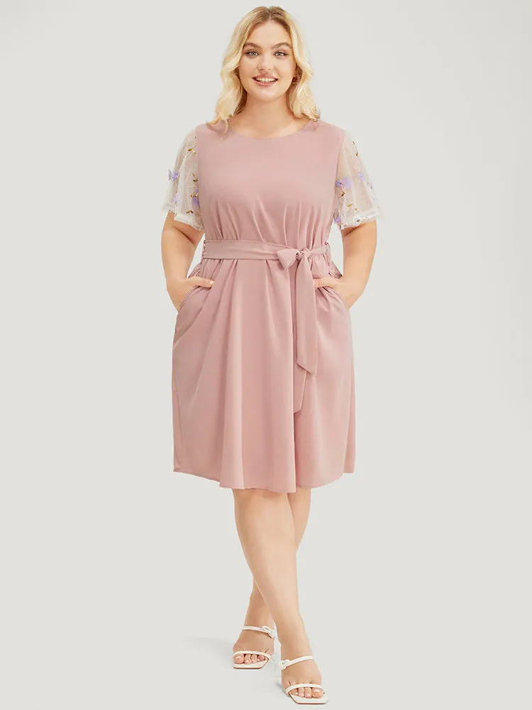 Floral Mesh Sleeve Flutter Pocket Belt Knee Dress sold by Bloomchic product image thumbnail 3