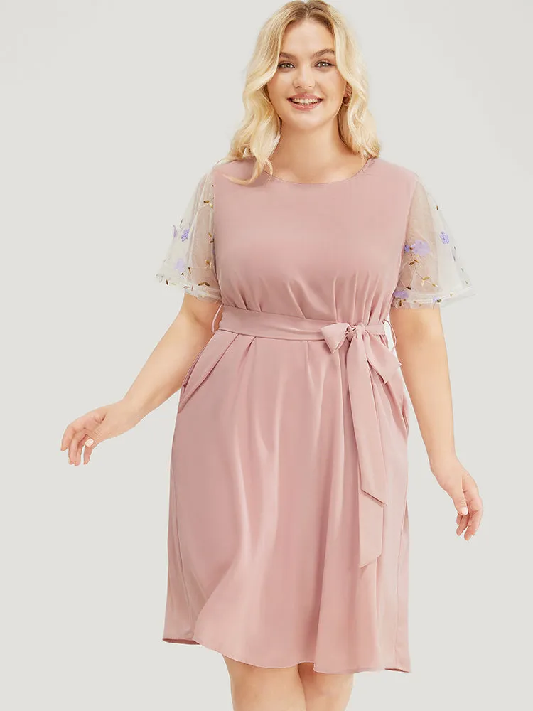 Floral Mesh Sleeve Flutter Pocket Belt Knee Dress sold by Bloomchic