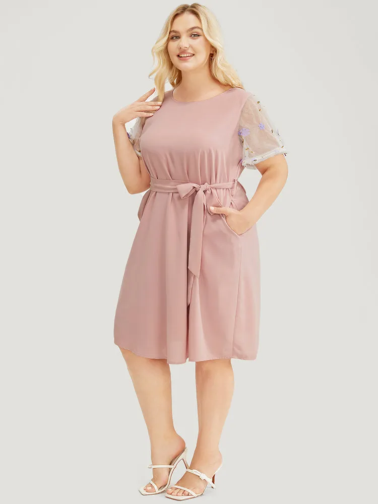 Floral Mesh Sleeve Flutter Pocket Belt Knee Dress sold by Bloomchic product image thumbnail 4