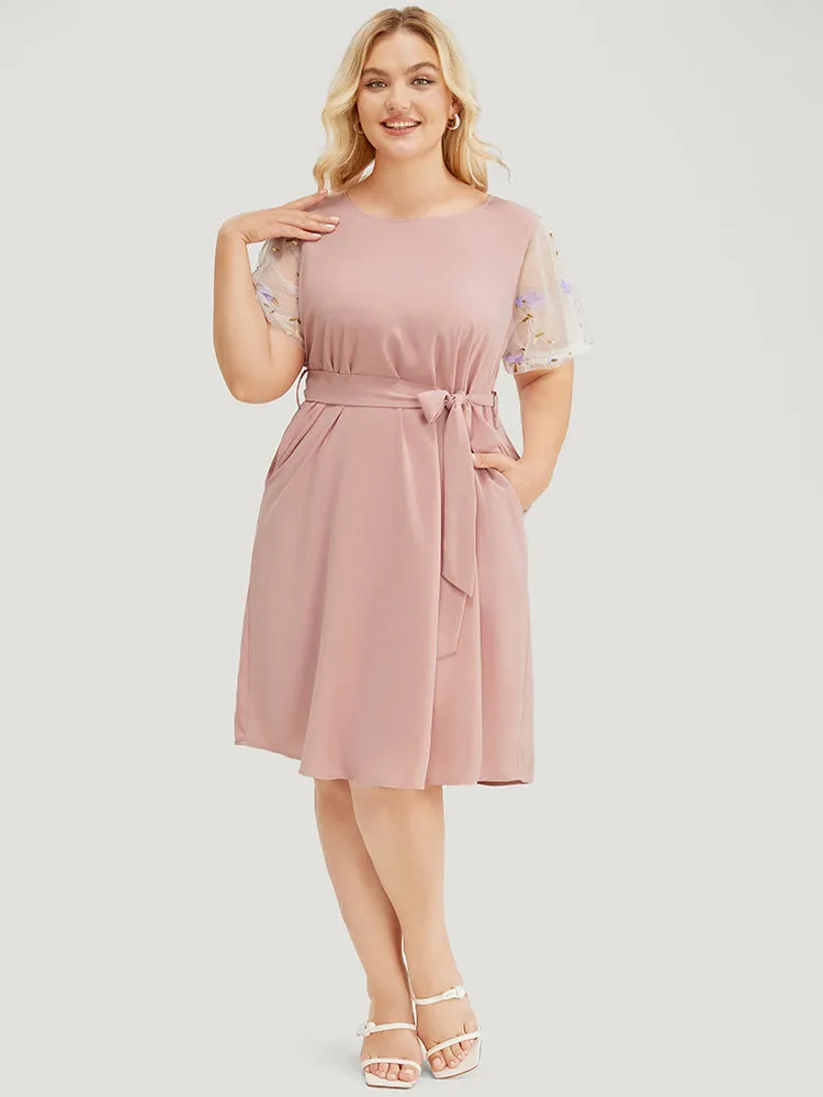 Floral Mesh Sleeve Flutter Pocket Belt Knee Dress sold by Bloomchic product image thumbnail 5