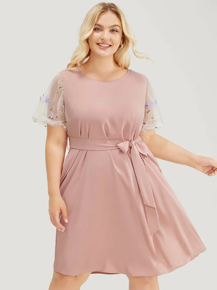 Floral Mesh Sleeve Flutter Pocket Belt Knee Dress sold by Bloomchic product image thumbnail 2