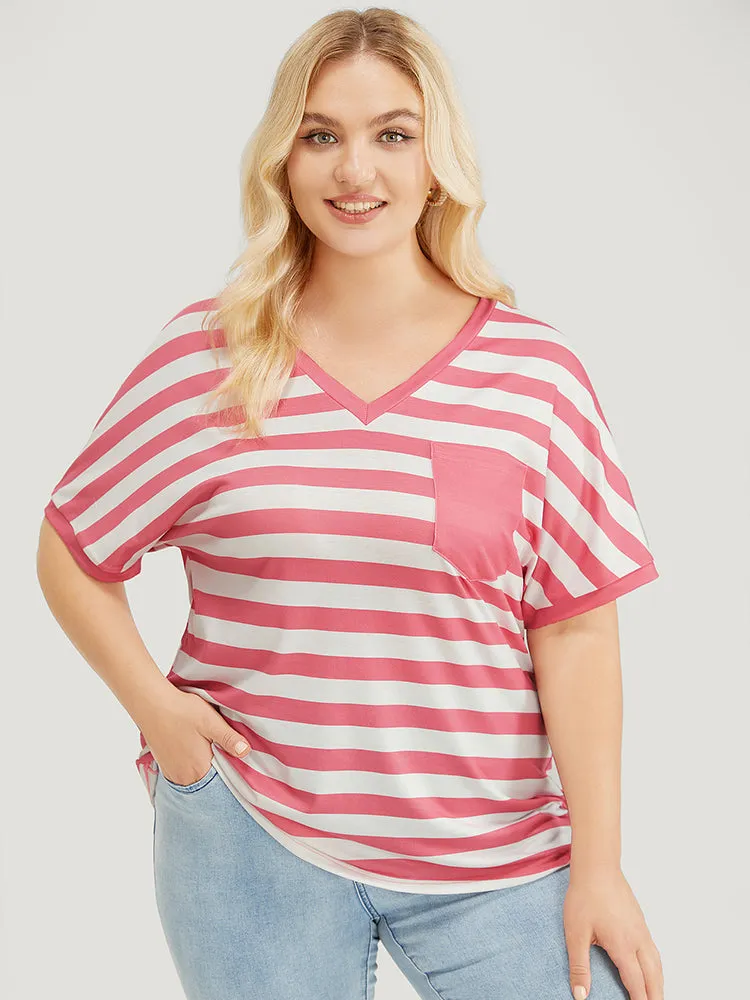 Striped Contrast Pocket Batwing Sleeve T-shirt sold by Bloomchic