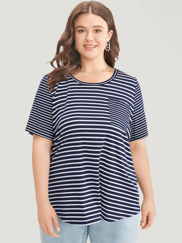 Striped Print Crew Neck Pocket T-shirt sold by Bloomchic