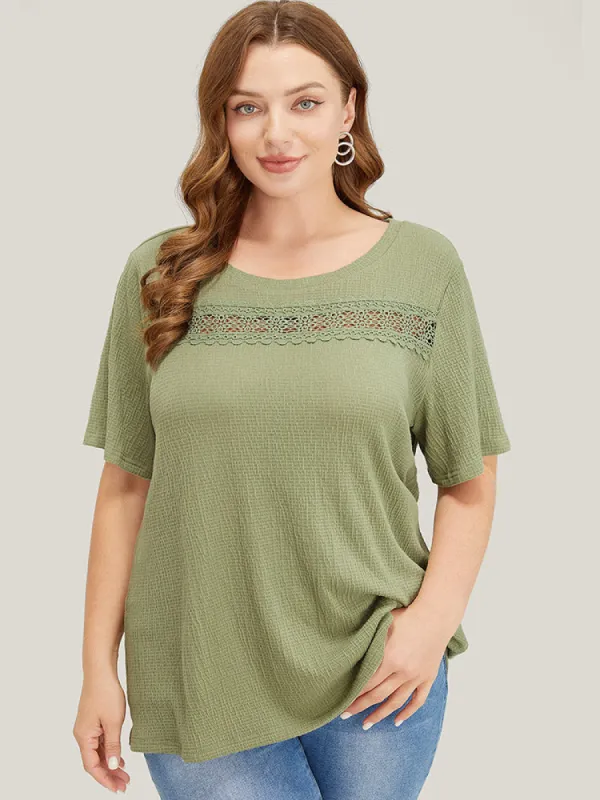 Plain Textured Contrast Lace Crew Neck T-shirt sold by Bloomchic