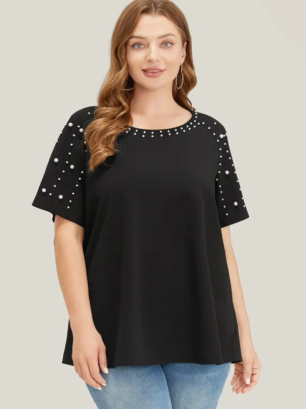 Solid Raglan Sleeve Pearl Beaded T-shirt sold by Bloomchic