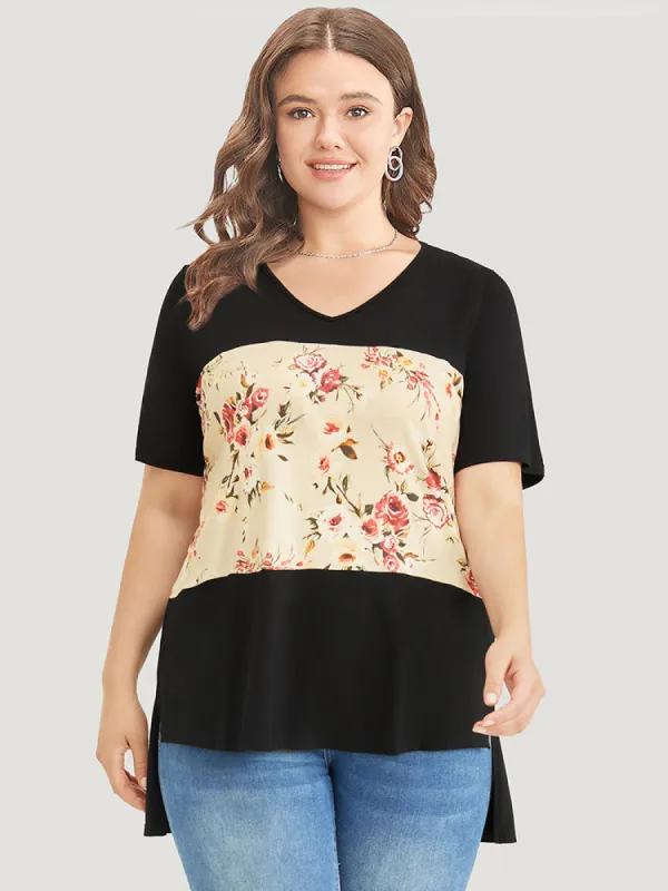 Floral Print Colorblock Contrast Split High Low Hem T-shirt sold by Bloomchic
