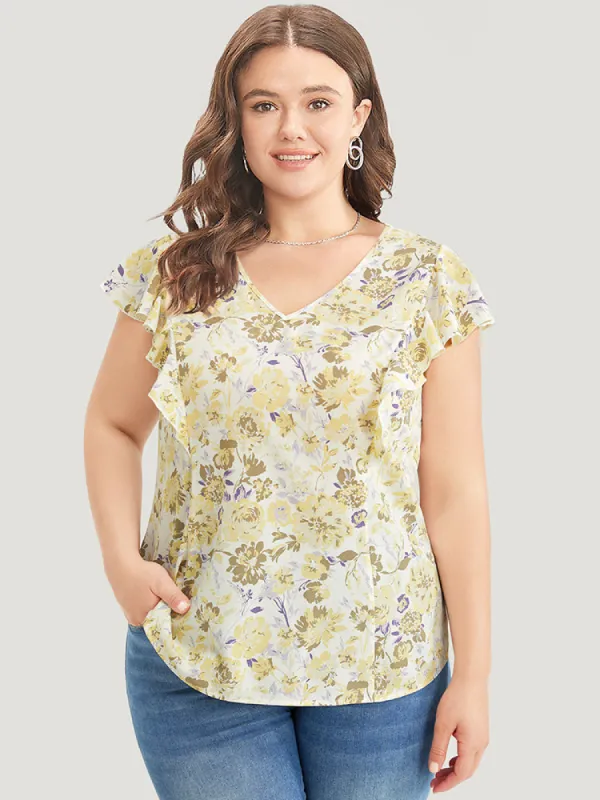 Floral Print V Neck Ruffle Trim Cap Sleeve Blouse sold by Bloomchic