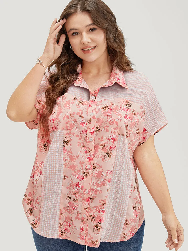Floral Patchwork Pocket Button Up Arc Hem Blouse sold by Bloomchic