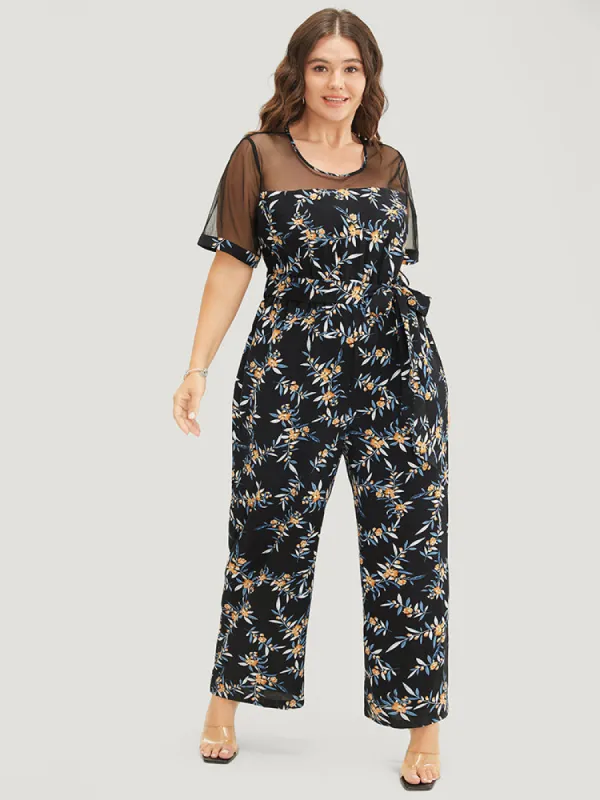 Floral Mesh Patchwork Crew Neck Pocket Belted Jumpsuit sold by Bloomchic