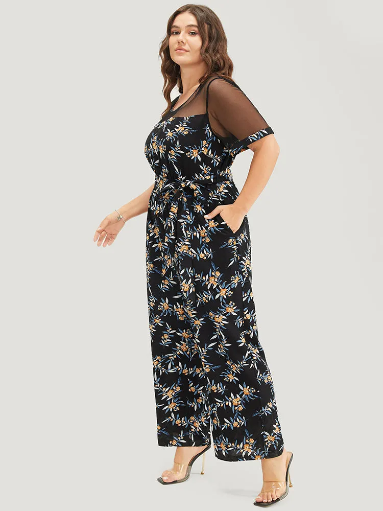 Floral Mesh Patchwork Crew Neck Pocket Belted Jumpsuit sold by Bloomchic product image thumbnail 5