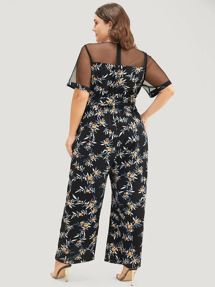 Floral Mesh Patchwork Crew Neck Pocket Belted Jumpsuit sold by Bloomchic product image thumbnail 2