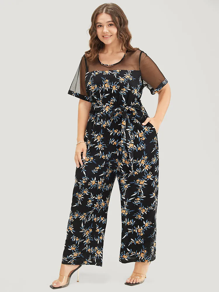 Floral Mesh Patchwork Crew Neck Pocket Belted Jumpsuit sold by Bloomchic product image thumbnail 3