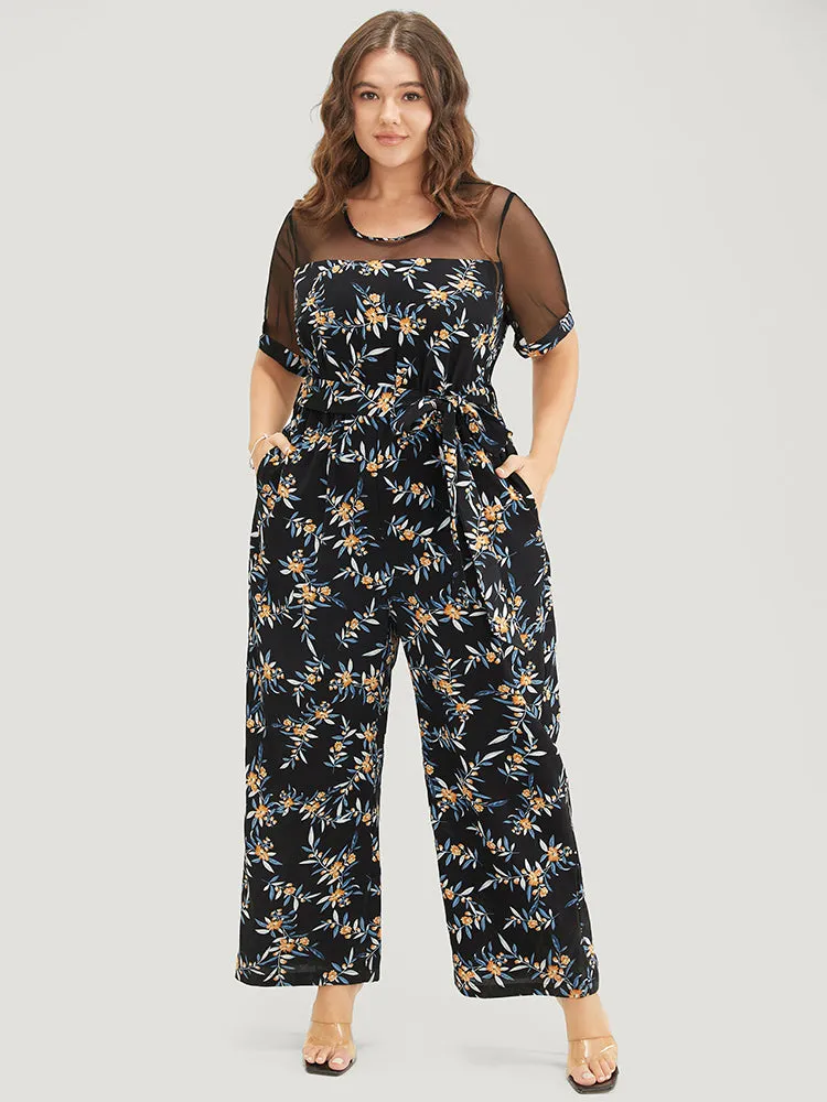 Floral Mesh Patchwork Crew Neck Pocket Belted Jumpsuit sold by Bloomchic product image thumbnail 4