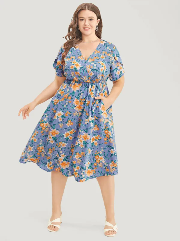 Floral Print Petal Sleeve Pocket Flutter Hem Wrap Dress sold by Bloomchic