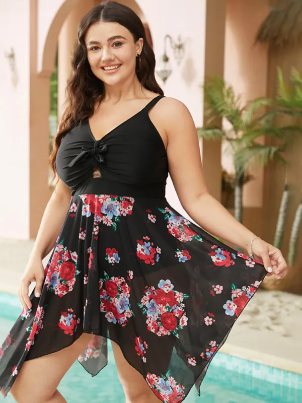 Floral Cut Out Drawstring Hanky Hem Knotted Swim Dress sold by Bloomchic