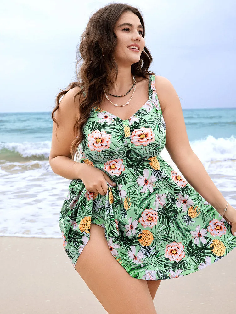 Tropical Print  A Line Flutter Ruched Front Swim Dress sold by Bloomchic product image thumbnail 4
