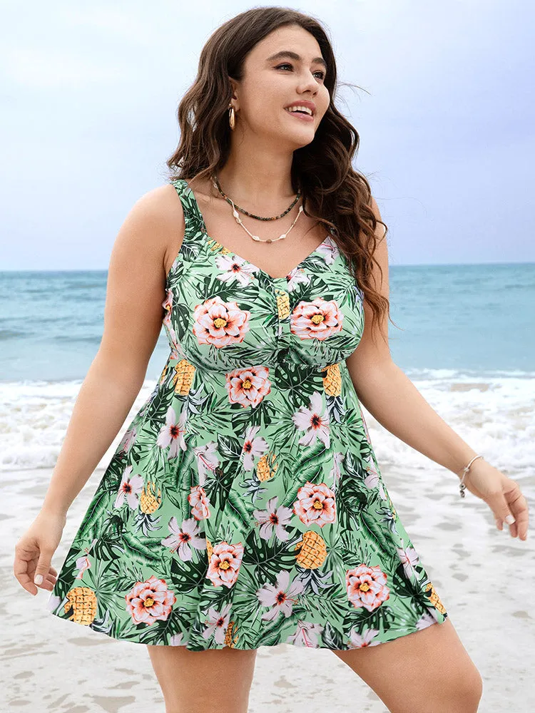 Tropical Print  A Line Flutter Ruched Front Swim Dress sold by Bloomchic