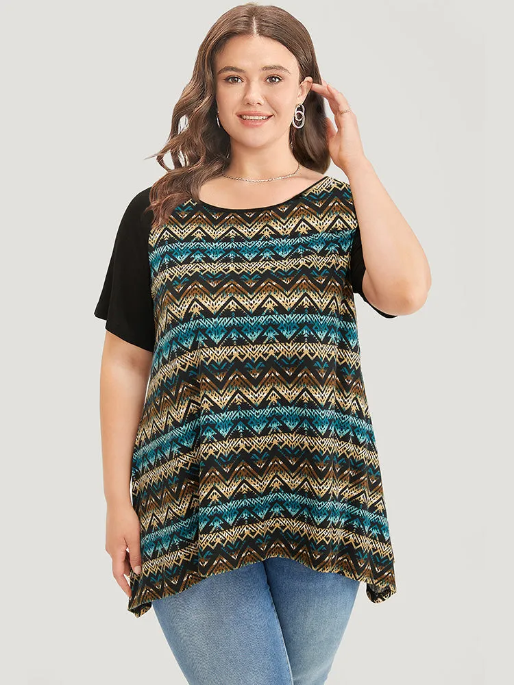 Bandana Contrast Raglan Sleeve Asymmetrical T-shirt sold by Bloomchic