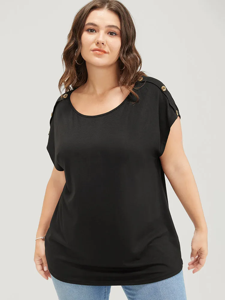 Solid Button Detail Round Neck Batwing Sleeve T-shirt sold by Bloomchic product image thumbnail 5