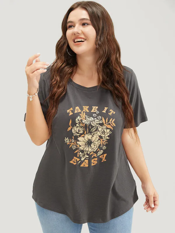 Letter & Floral Print Crew  Neck T-shirt sold by Bloomchic
