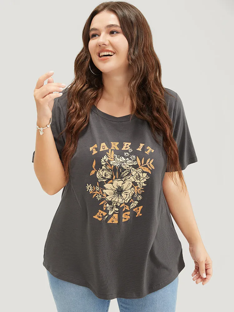 Letter & Floral Print Crew Neck T-shirt sold by Bloomchic