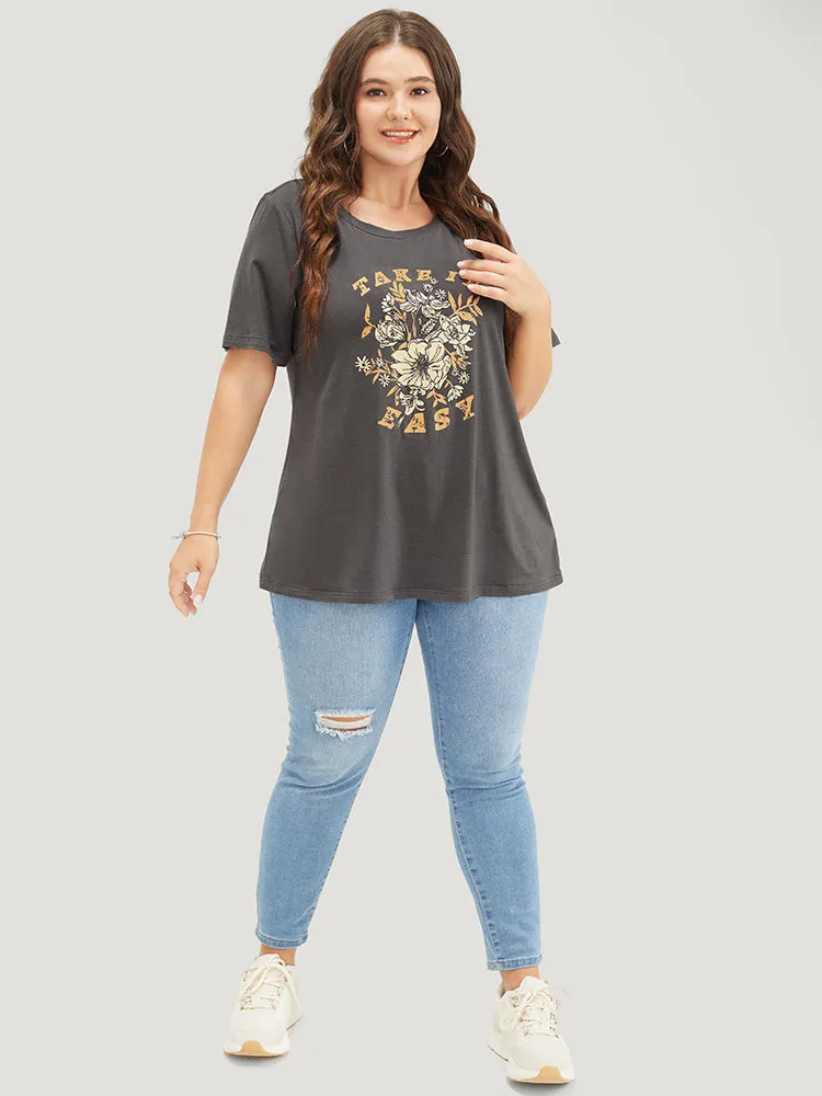 Letter & Floral Print Crew Neck T-shirt sold by Bloomchic product image thumbnail 5