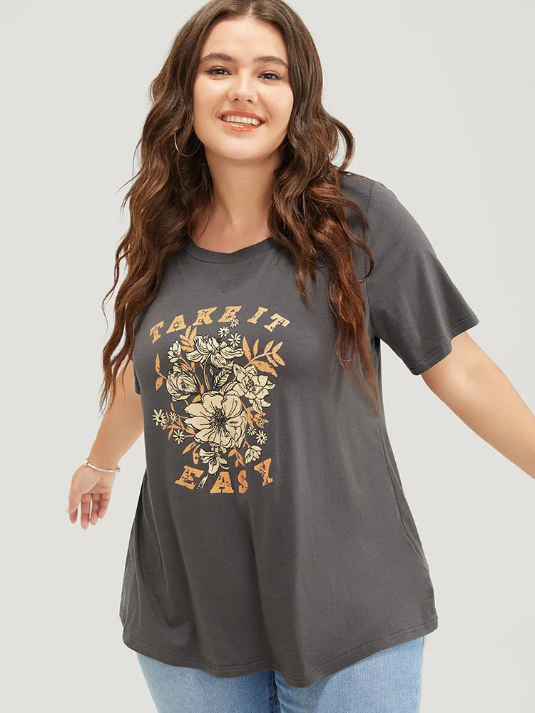 Letter & Floral Print Crew Neck T-shirt sold by Bloomchic product image thumbnail 2