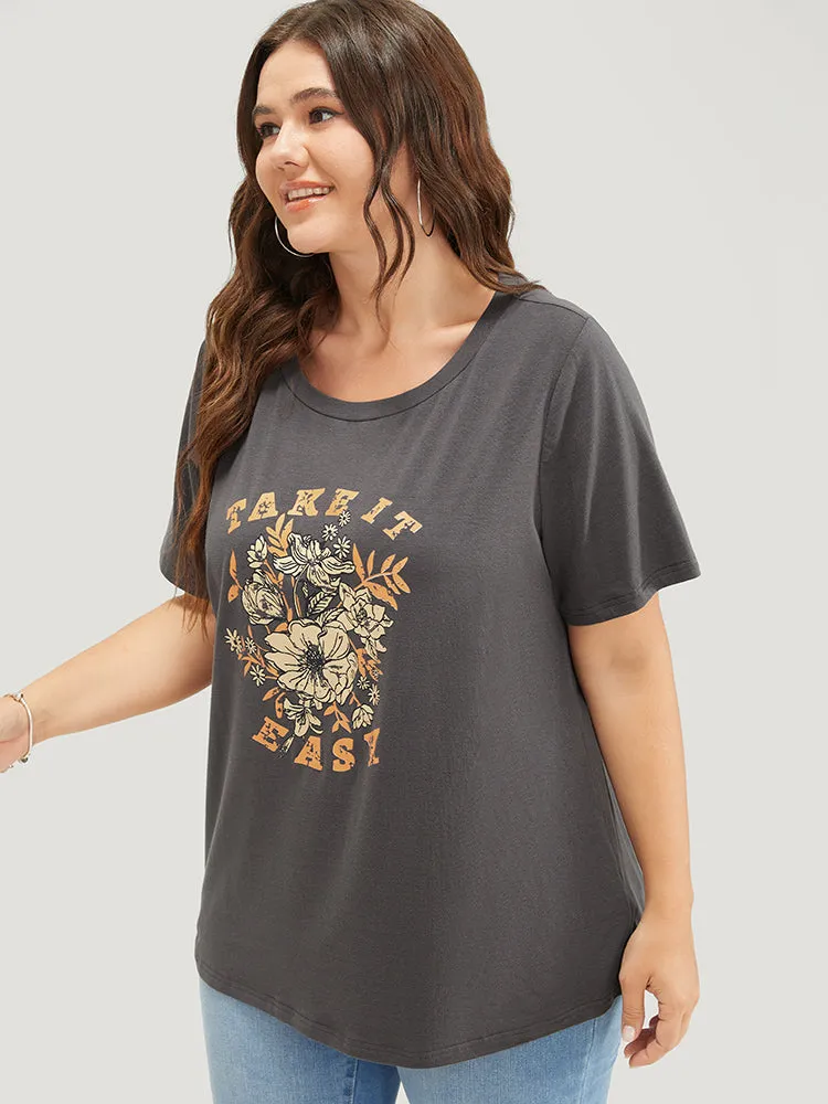 Letter & Floral Print Crew Neck T-shirt sold by Bloomchic product image thumbnail 3