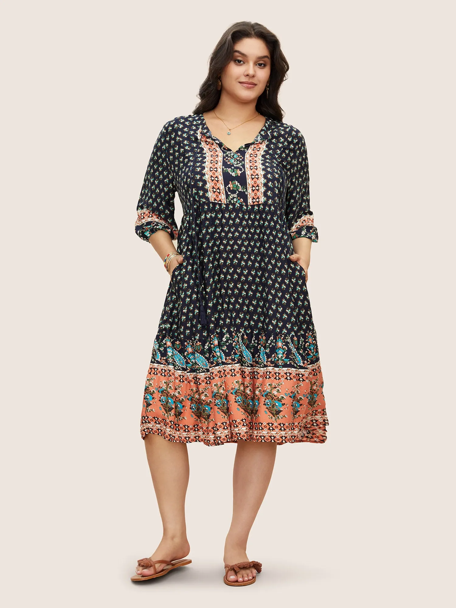 Bandana Tassels Lantern Sleeve Ruffle Pocket Keyhole Neck Dress sold by Bloomchic product image thumbnail 3