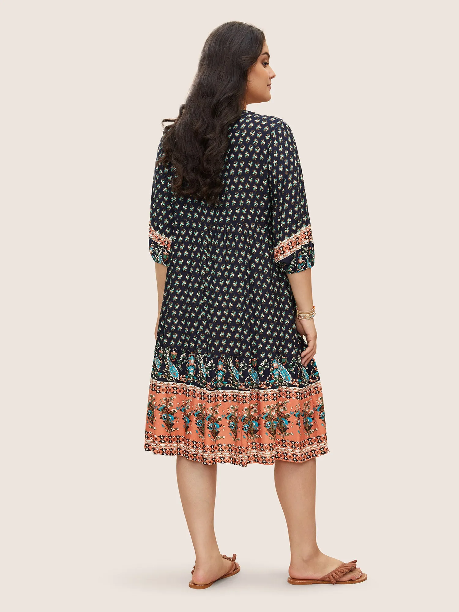 Bandana Tassels Lantern Sleeve Ruffle Pocket Keyhole Neck Dress sold by Bloomchic product image thumbnail 4