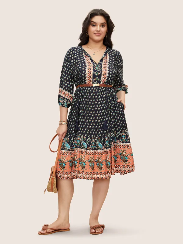 Bandana Tassels Lantern Sleeve Ruffle Pocket Keyhole Neck Dress sold by Bloomchic