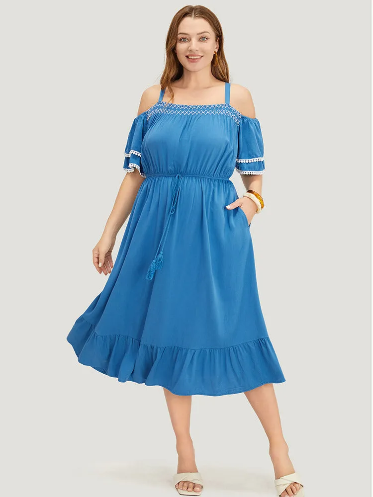 Solid Tiered Sleeve Pocket Ruffles Cold Shoulder Pompom Trim Dress sold by Bloomchic product image thumbnail 2