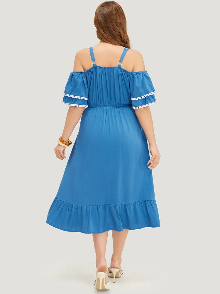 Solid Tiered Sleeve Pocket Ruffles Cold Shoulder Pompom Trim Dress sold by Bloomchic product image thumbnail 3