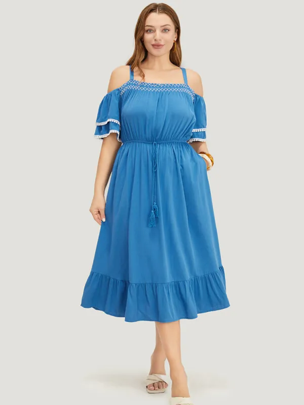 Solid Tiered Sleeve Pocket Ruffles Cold Shoulder Pompom Trim Dress sold by Bloomchic