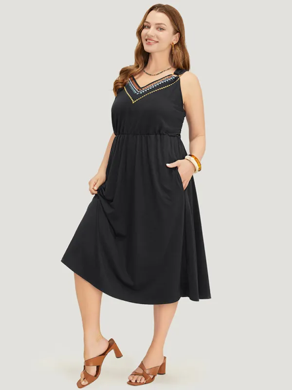 Geometric Embroidered Buckle Detail Pocket Ruffle Hem Cami Dress sold by Bloomchic
