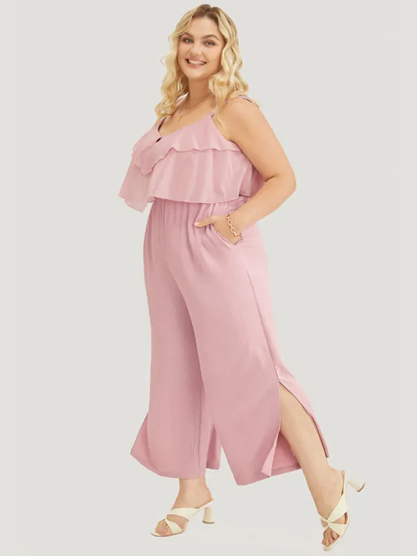 Solid Ruffle Trim Pocket Split Hem Keyhole Cami Jumpsuit made by Bloomchic