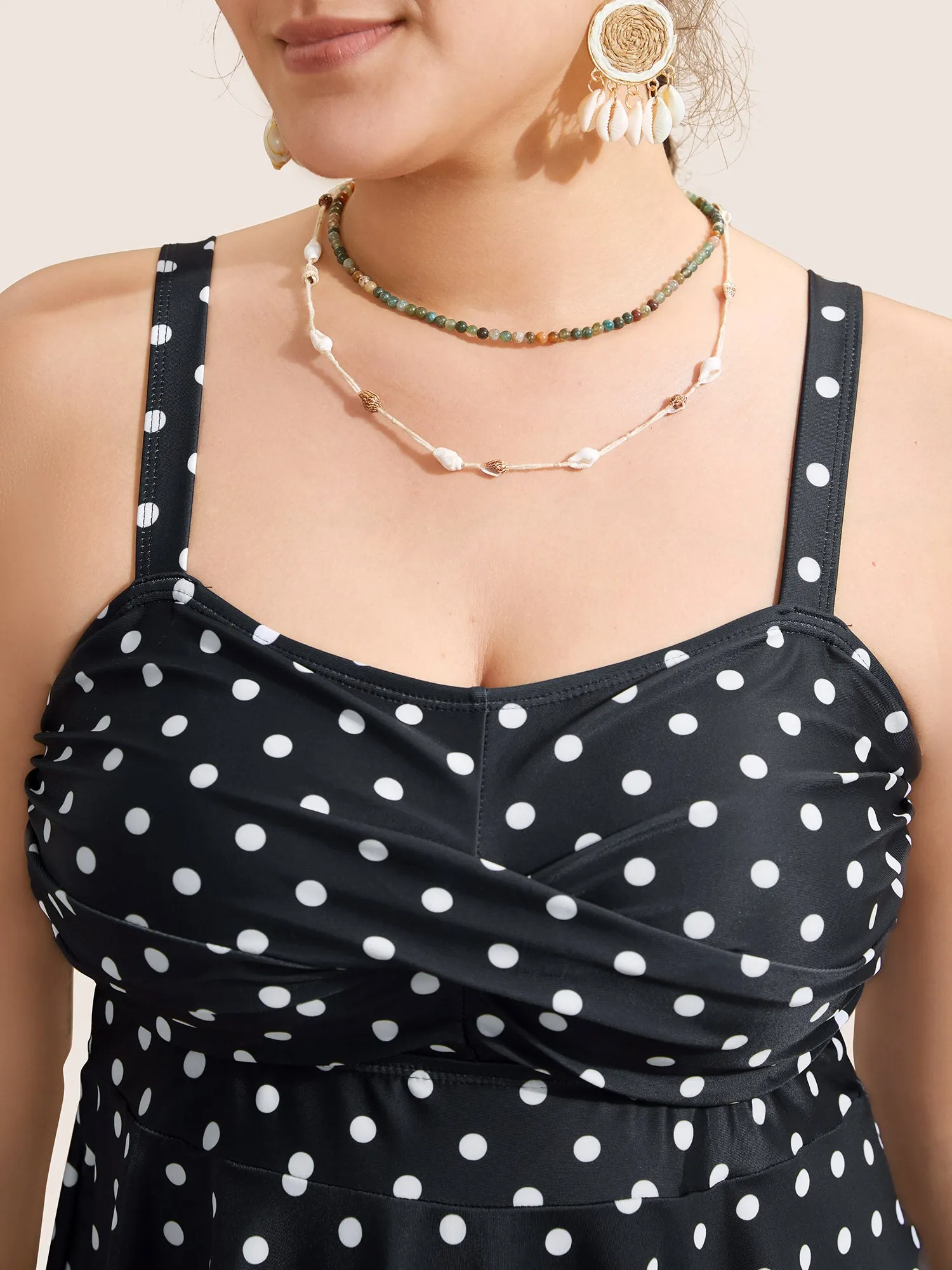 Polka Dot Crossover Ruched Flutter Hem Swim Dress sold by Bloomchic product image thumbnail 4